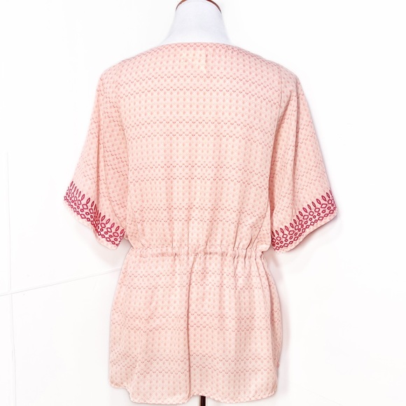 Anthropologie Embroidered Coral Peach Pastel Tie Waist Short Sleeve Kimono Top - Picture 7 of 11